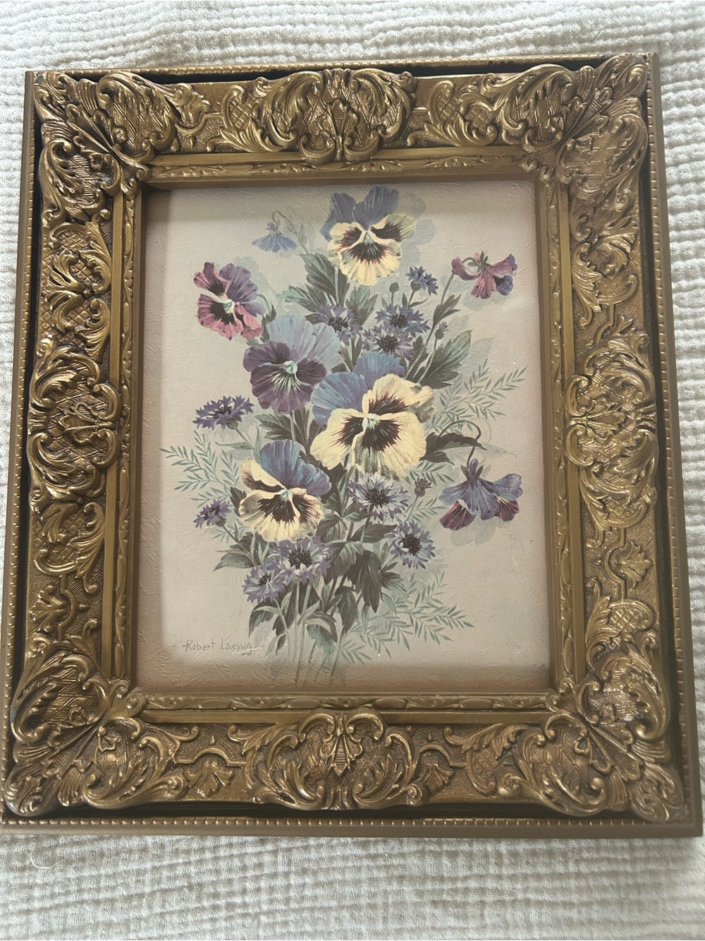 Vintage Ornate Gold Plastic Picture Frame With Robert Laessig Pansy’s. 14” X 12”
